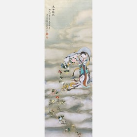 Wooden framed painting of a goddess scattering flowers - Feng Chaoran (1882-1954)