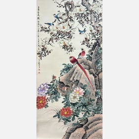 Hanging scroll of flowers and birds on paper - Yan Bolong (1898–1955)