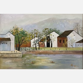 Framed Landscape Oil Painting - Wu Guanzhong (1919-2010)