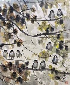 Hanging scroll of flowers and birds on paper - Lin Fengmian (1900-1991)