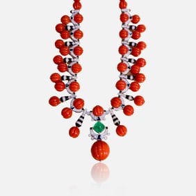 CGRL 18K gold diamond necklace with natural red coral