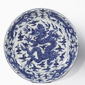 Mingxuan blue and white flower and five dragon pattern large plate