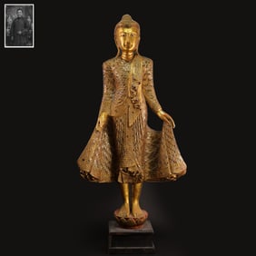 19th Century Gem-Inlaid Wood Figure of Standing Buddha, Southeast Asia