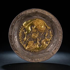 Large silver-gilt lion dance hydrangea plate from the Liao Dynasty, 10th century