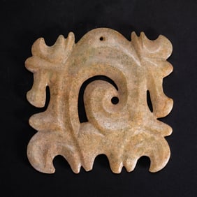 Neolithic Hongshan Culture 4000-3000 AD yellow jade with toothed animal face decoration