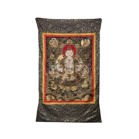 18th century Tibetan gold-embroidered Green Tara thangka