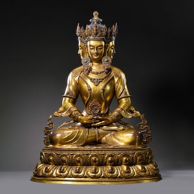 A gilt-bronze and gem-inlaid figure of Seated Guanyin, Ming Dynasty, 17th century
