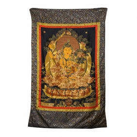 18th century Tibetan gold-embroidered Green Tara thangka