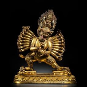 A gilt-bronze figure of Yamantaka standing in the Ming Dynasty, 17th century