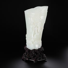A flower vase with a rosewood base and inlaid Hetian white jade, Qianlong period of the Qing Dynasty