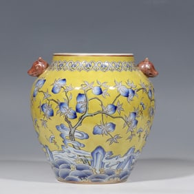 Qing Daoguang Famille Rose Yellow Ground Daya Zhai Fu Shou Pattern Dog Head Jar