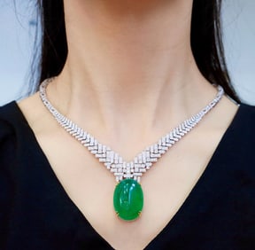 CGRL 18K gold diamond inlaid huge natural emerald necklace