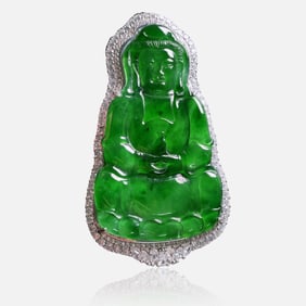 18K Gold Diamond Natural Jade Guanyin Pendant
