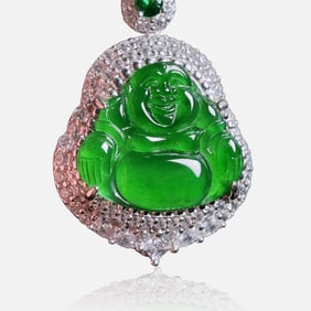 18K Gold Diamond Natural Jade Buddha Pendant
