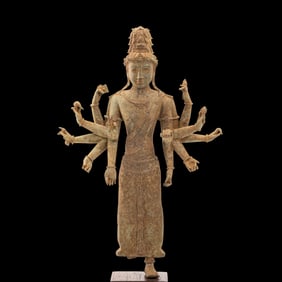 ANTIQUE BRONZE AVALOKITESHVARA STATUE MULTIPLE ARMS KHMER STYLE 13TH CENTURY [19.5 X 29CM, 1.8KG]