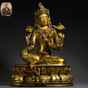A GILT-BRONZE AND GEM-INLAID FIGURE OF TARA, MING DYNASTY, CHINA, 17TH CENTURY