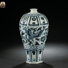 13TH CENTURY CHINESE YUAN DYNASTY BLUE AND WHITE DOUBLE PHOENIX PATTERN PLUM VASE