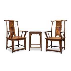A SET OF CHINESE QING DYNASTY HUANGHUALI OFFICIAL HAT CHAIRS/FLOWER CHAIRS