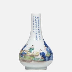 CHINESE QING DYNASTY BLUE AND WHITE LONG-NECKED VASE WITH FIGURES AND STORIES