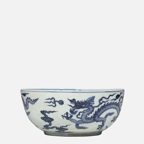 CHINESE YUAN DYNASTY BLUE AND WHITE DRAGON BOWL