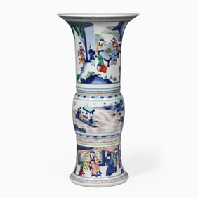CHINESE QING DYNASTY BLUE AND WHITE FIVE-COLOR FIGURE STORY VASE