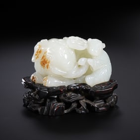 CHINESE QING DYNASTY HETIAN WHITE JADE BOY WASHING ELEPHANT ORNAMENT
