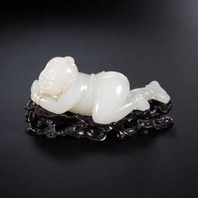 CHINESE QING DYNASTY HETIAN WHITE JADE BOY ORNAMENT