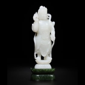 STANDING HEAVENLY KING IN HOTAN WHITE JADE FROM THE QING DYNASTY, CHINA
