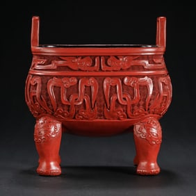 CHINESE QING DYNASTY RED CARVED DOUBLE HANDLE SQUARE STOVE