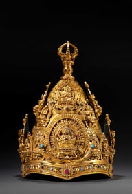 CHINESE QING DYNASTY GILDED BRONZE INLAID GEMSTONE RITUAL INSTRUMENT