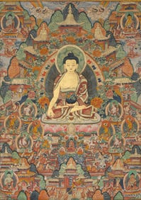 CHINESE QING DYNASTY SILK DRAGON-PATTERNED SAKYAMUNI THANGKA