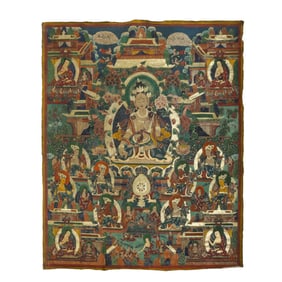A 17TH CENTURY PAINTED TARA THANGKA FROM TIBET OR THE CENTRAL PLAINS