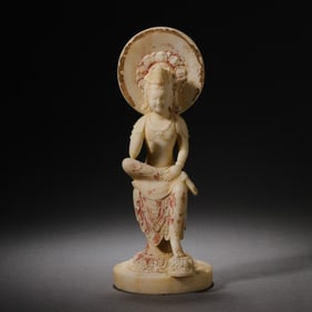 CHINESE TANG DYNASTY WHITE MARBLE PAINTED SEATED STATUE OF SILENT GUANYIN