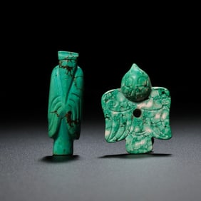 A GROUP OF CHINESE HAN DYNASTY TURQUOISE OWLS AND WENG ZHONG