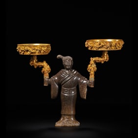 A CHINESE HAN DYNASTY GOLD-INLAID HETIAN JADE CANDLESTICK, 200 B.C. OR LATER