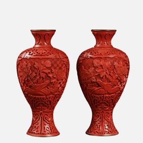 A PAIR OF CHINESE LATE 19TH CENTURY OR LATER LACQUERED RED FLORAL VASES