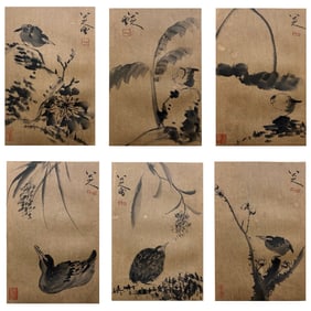 “BADA SHANREN"ZHU DA(1626-1705)A SET OF SIX CHINESE INK PAINTINGS ON PAPER, MOUNTED AS AN ALBUM.