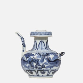CHINESE YUAN DYNASTY BLUE AND WHITE FISH AND ALGAE PATTERN BENBA TEAPOT