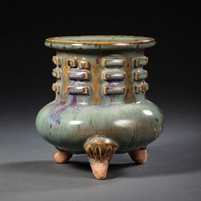 CHINA JIN DYNASTY JUNYAO SKY BLUE GLAZE RED TRIPOD STOVE