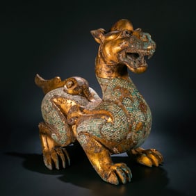 CHINESE HAN DYNASTY GILDED BRONZE FIGURE WITH TURQUOISE