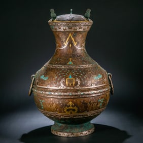 A CHINESE WARRING STATES PERIOD INLAID GOLD AND SILVER DOUBLE-RINGED LIDDED VASE