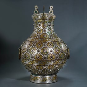 A CHINESE WARRING STATES PERIOD GOLD AND SILVER INLAID DOUBLE-RINGED LIDDED POT
