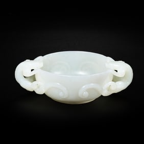 CHINESE QING DYNASTY HETIAN WHITE JADE DOUBLE-HANDLED CUP
