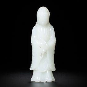 STANDING BUDDHA STATUE MADE OF WHITE JADE FROM HETIAN, QING DYNASTY, CHINA