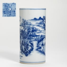 CHINESE QING DYNASTY QIANLONG PERIOD BLUE AND WHITE CYLINDER