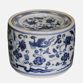 BLUE AND WHITE CRICKET JAR WITH BIRD-PLAYING-IN-WATER PATTERN, XUANDE PERIOD, MING DYNASTY, CHINA