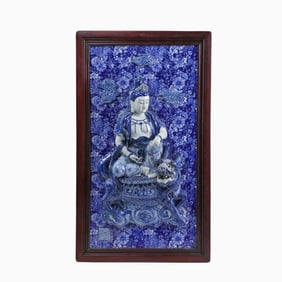 BLUE AND WHITE PORCELAIN PANEL PAINTING OF BUDDHA FROM THE QIANLONG PERIOD OF THE QING DYNASTY,