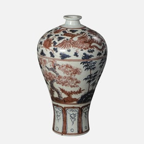 CHINESE YUAN DYNASTY BLUE AND WHITE UNDERGLAZE PLUM VASE WITH RED DRAGON PATTERN