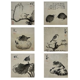 “BADA SHANREN"ZHU DA(1626-1705)A SET OF SIX CHINESE INK PAINTINGS ON PAPER, MOUNTED AS AN ALBUM.