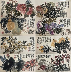 WU CHANGSHUO(1844-1927)A SET OF NINE CHINESE INK PAINTINGS ON PAPER, MOUNTED AS AN ALBUM.
